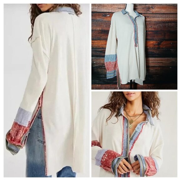 We The Free Tunic Top M Oversized Thermal Patchwork Free People Shirt Cream READ - Picture 2 of 9
